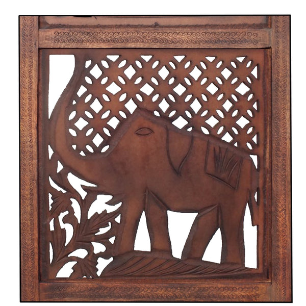 Hand Carved Elephant Design Foldable 4 Panel Wooden Room Divider, Brown - BM34823
