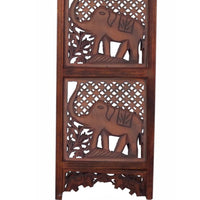 Zofi Hand Carved Elephant Design Foldable 4 Panel Wooden Room Divider, Brown - BM34823