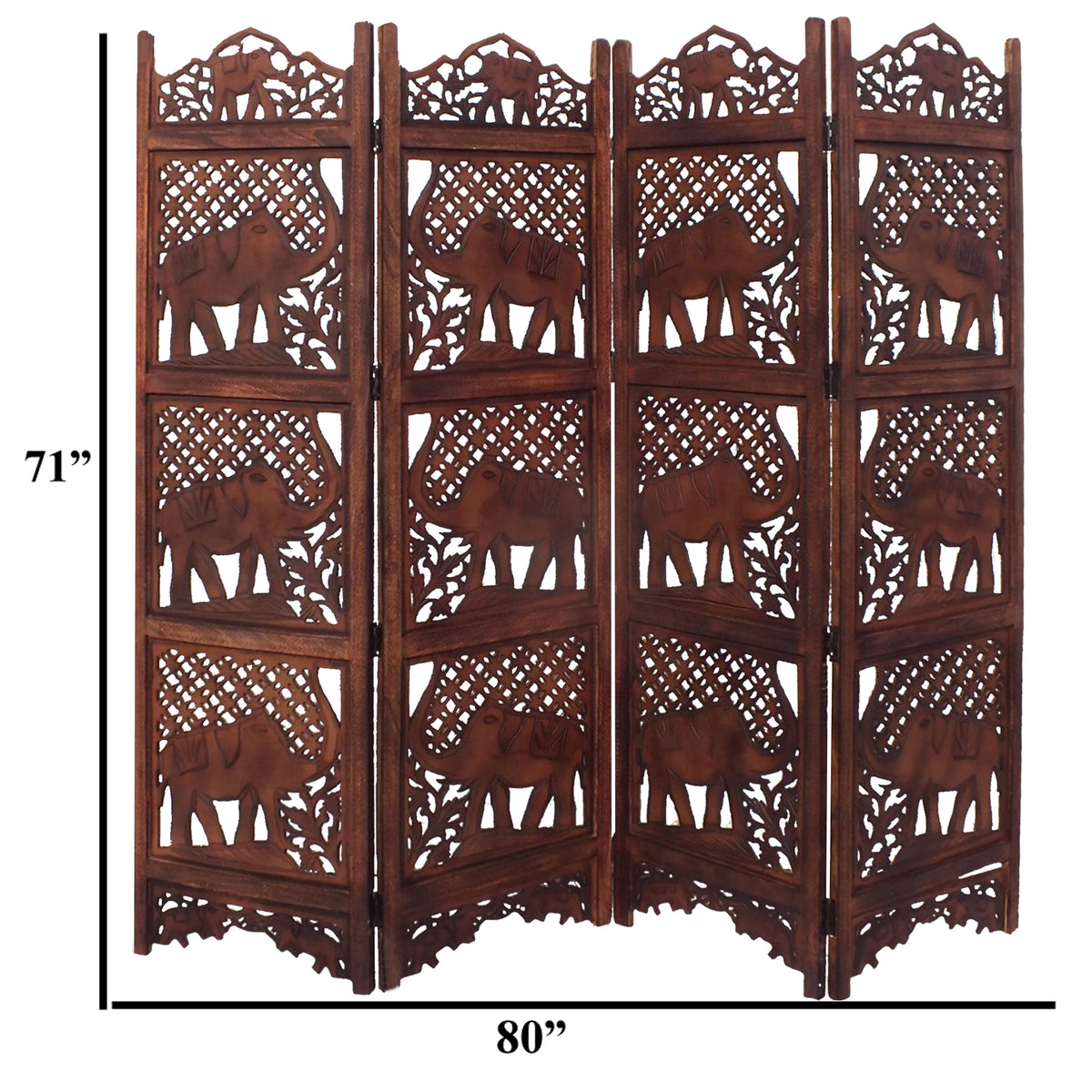 Zofi Hand Carved Elephant Design Foldable 4 Panel Wooden Room Divider, Brown - BM34823