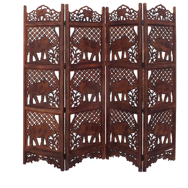 Hand Carved Elephant Design Foldable 4 Panel Wooden Room Divider, Brown - BM34823