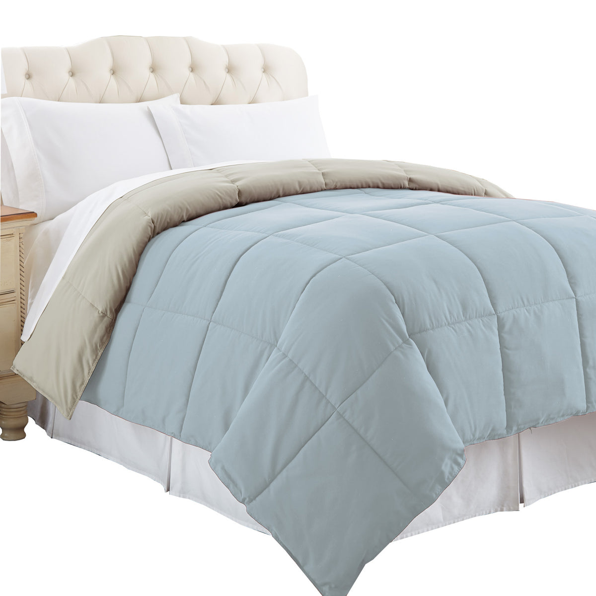 Genoa Twin Size Box Quilted Reversible Comforter , Gray and Blue - BM46021