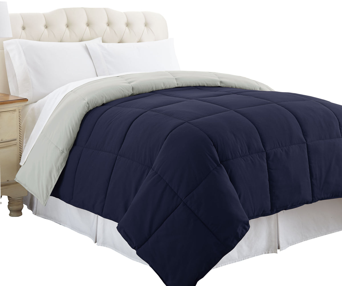 Genoa Reversible Queen Comforter with Box Quilting , Silver and Blue - BM46028