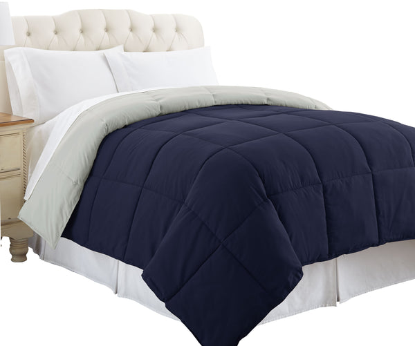 Genoa King Size Box Quilted Reversible Comforter , Silver and Blue - BM46029