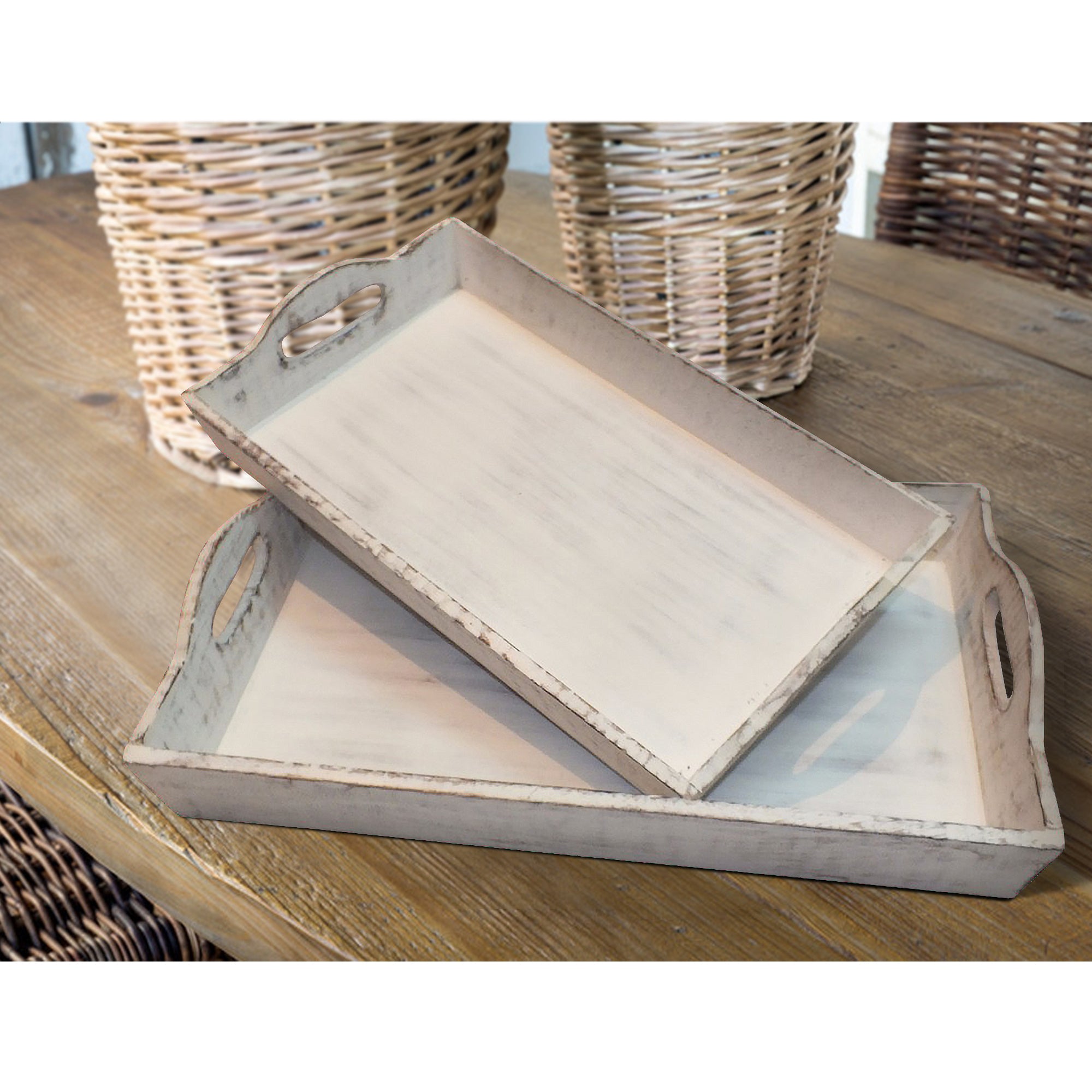 Benzara Benzara Distressed Wooden Serving Trays With Handles Set