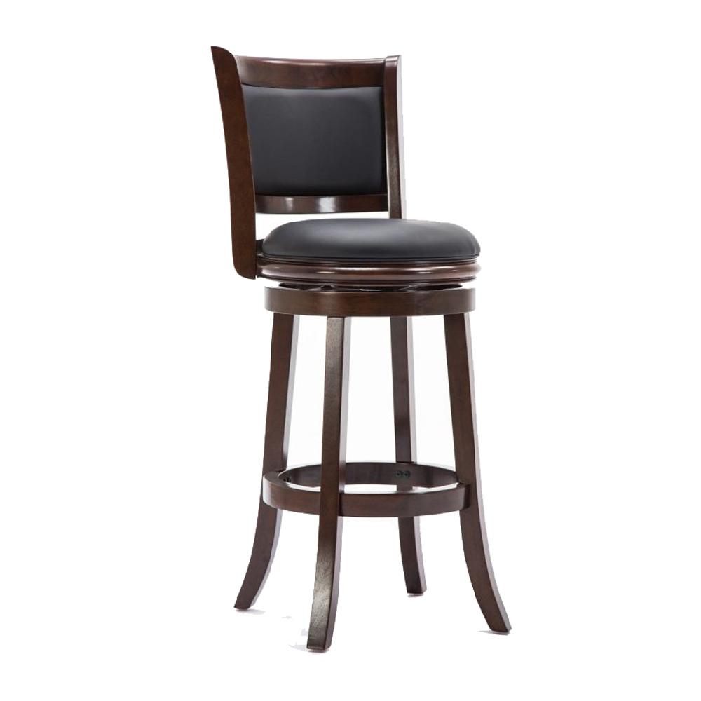 Round Wooden Swivel Barstool with Padded Seat and Back, Dark Brown - BM61367