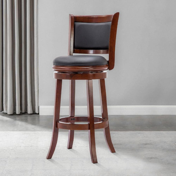 Round Wooden Swivel Barstool with Padded Seat and Back, Cherry Brown - BM61369