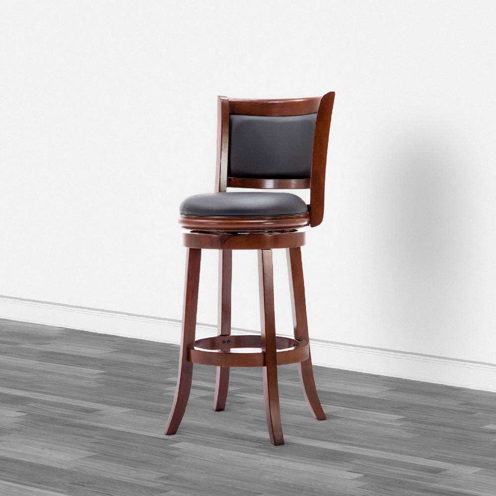 Round Wooden Swivel Barstool with Padded Seat and Back, Cherry Brown - BM61369