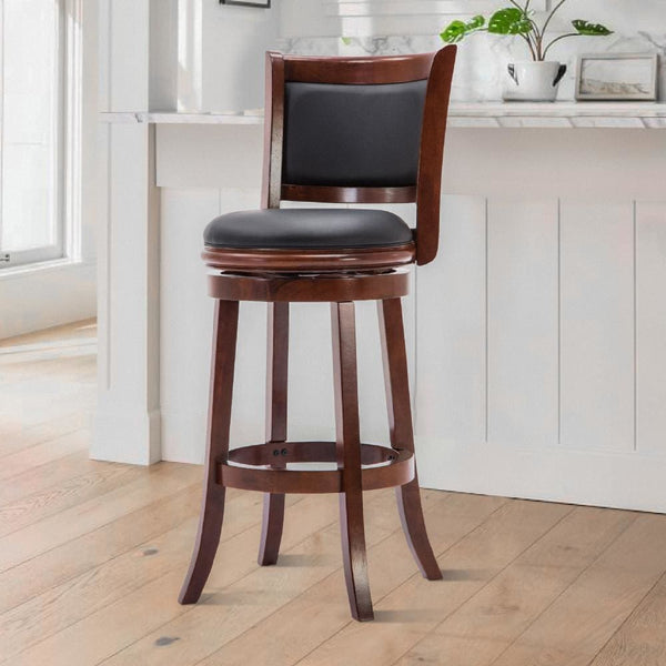 Round Wooden Swivel Barstool with Padded Seat and Back, Cherry Brown - BM61369