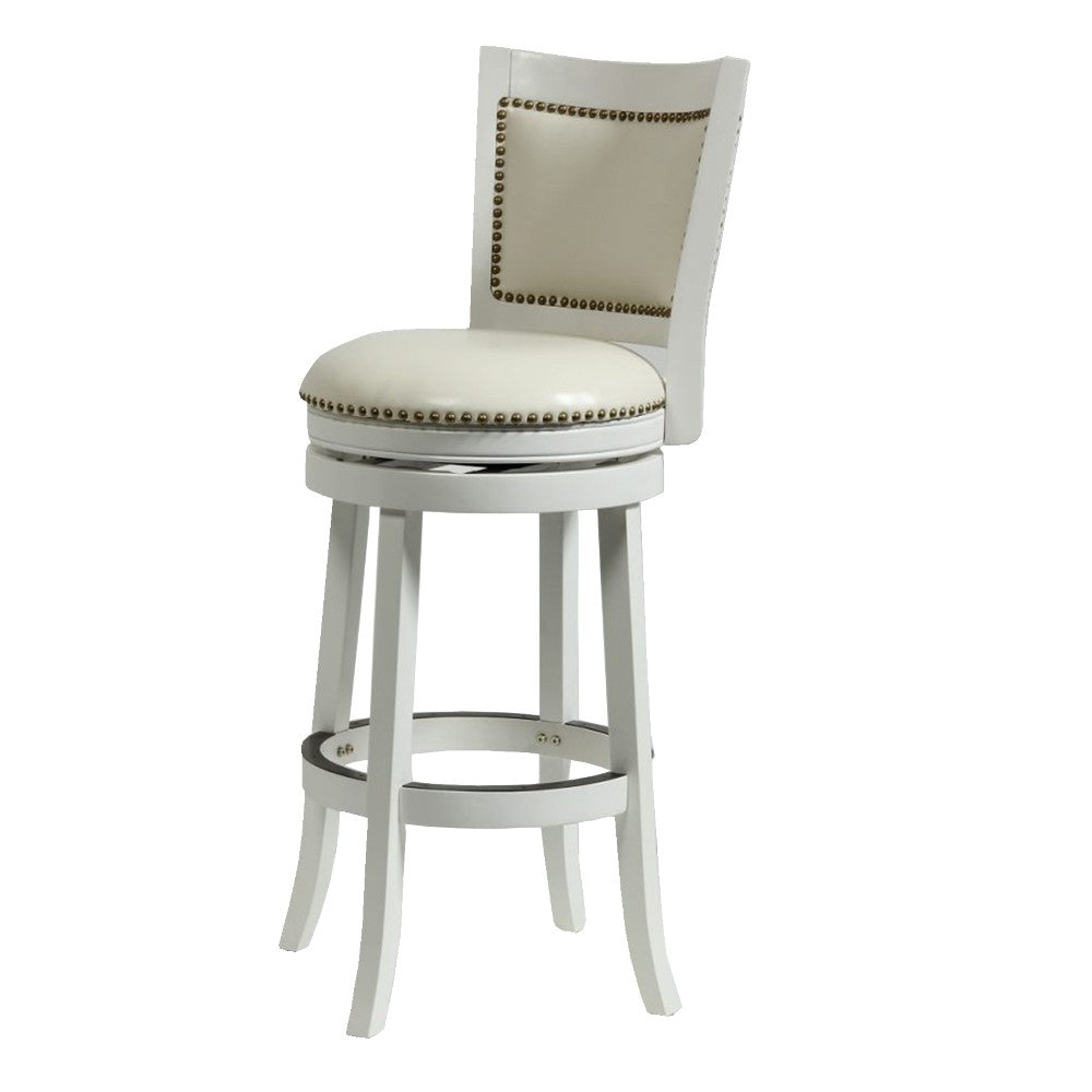 Nailhead Trim Round Leatherette Barstool with Flared Legs, White - BM61371