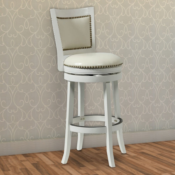 Nailhead Trim Round Leatherette Barstool with Flared Legs, White - BM61371