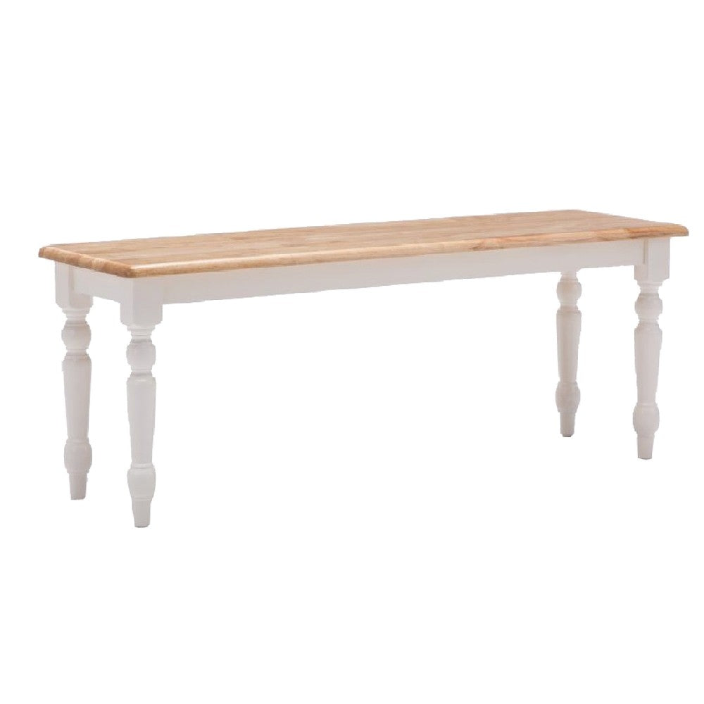 Grained Rectangular Wooden Bench with Turned Legs, Natural Brown and White - BM61451