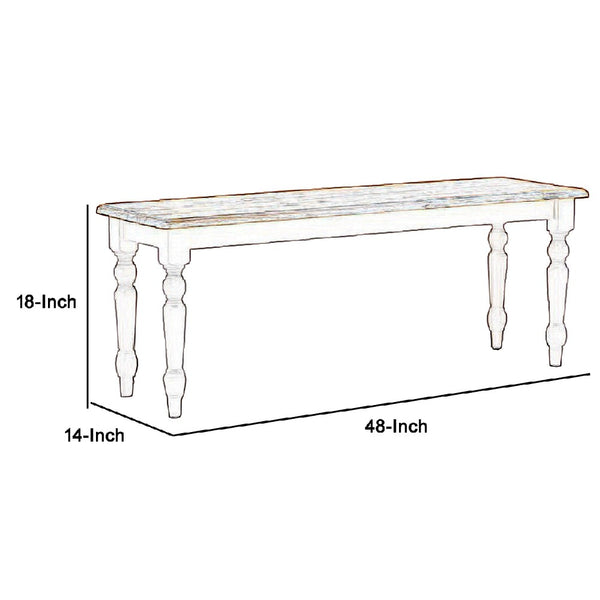 Grained Rectangular Wooden Bench with Turned Legs, Natural Brown and White - BM61451