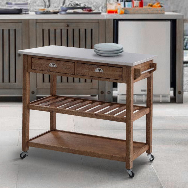 2 Drawers Wooden Frame Kitchen Cart with Metal Top and Casters, Brown and Gray - BM61463