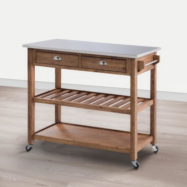 2 Drawers Wooden Frame Kitchen Cart with Metal Top and Casters, Brown and Gray - BM61463