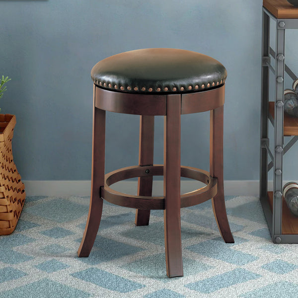 Round Wooden Counter Height Stool with Upholstered Seat, Brown, Set of 2 - BM68987