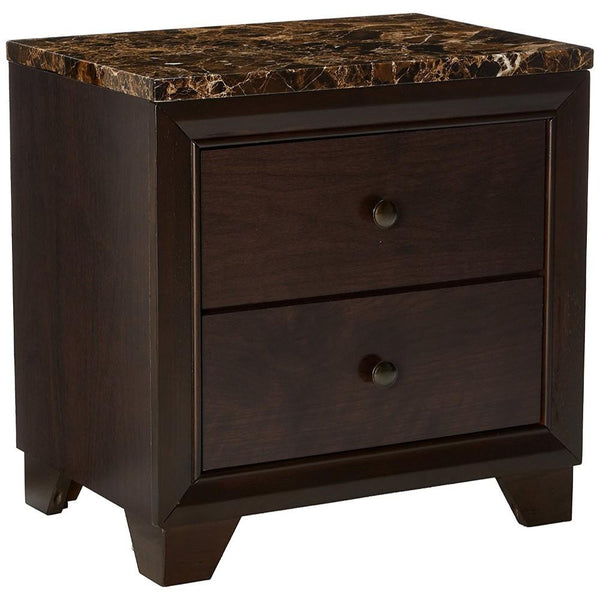 BM69435 2 Drawer Wooden Nightstand with Faux Marble Top, Cappuccino Brown