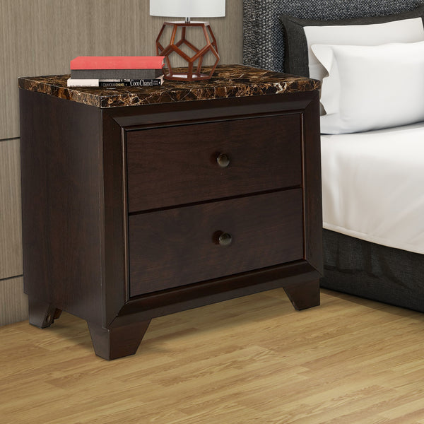 BM69435 2 Drawer Wooden Nightstand with Faux Marble Top, Cappuccino Brown