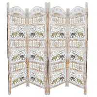 Classic 4 Panel Mango Wood Room Divider with Elephant Carvings, Gold and White - BM80947