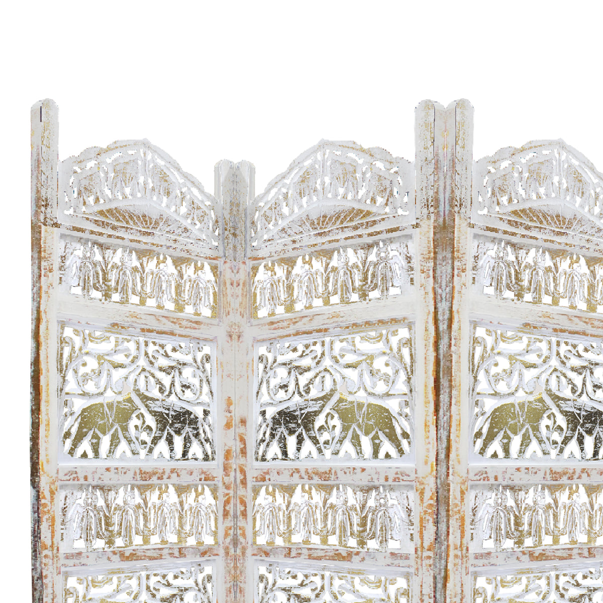 Classic 4 Panel Mango Wood Room Divider with Elephant Carvings, Gold and White - BM80947