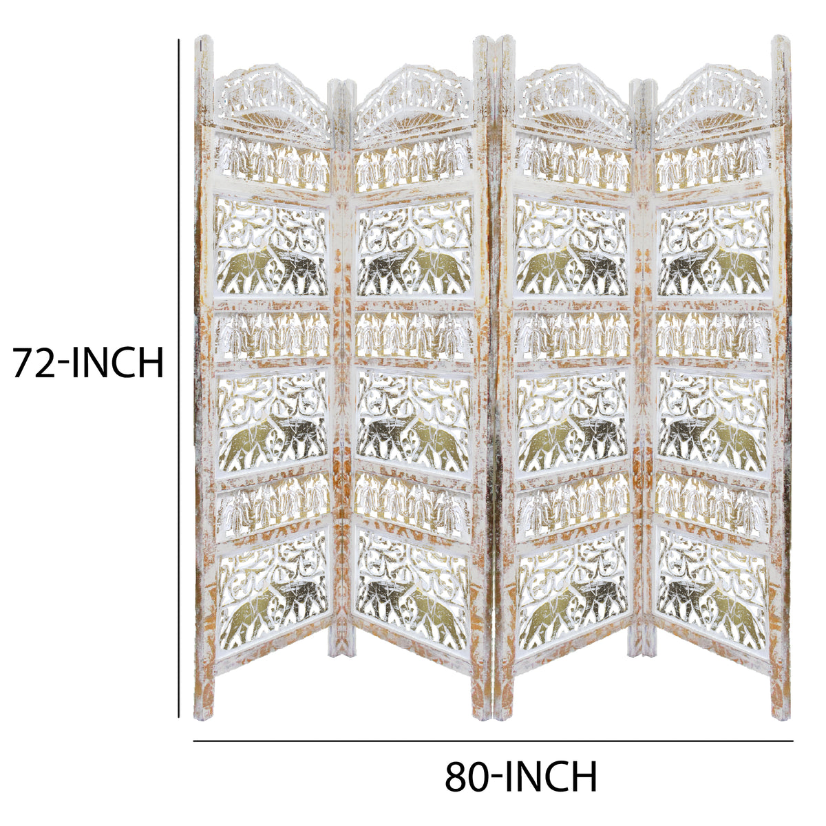 Classic 4 Panel Mango Wood Room Divider with Elephant Carvings, Gold and White - BM80947