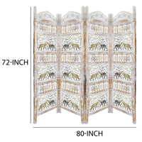 Classic 4 Panel Mango Wood Room Divider with Elephant Carvings, Gold and White - BM80947