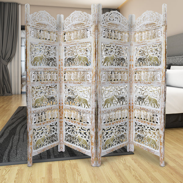 Classic 4 Panel Mango Wood Room Divider with Elephant Carvings, Gold and White - BM80947
