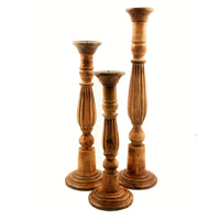 Taki Benzara Wooden Natural Finish Pillar Shaped Candleholder, Set of 3, Brown - BM81211
