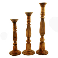 Benzara Wooden Natural Finish Pillar Shaped Candleholder, Set of 3, Brown - BM81211