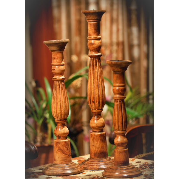 Benzara Wooden Natural Finish Pillar Shaped Candleholder, Set of 3, Brown - BM81211