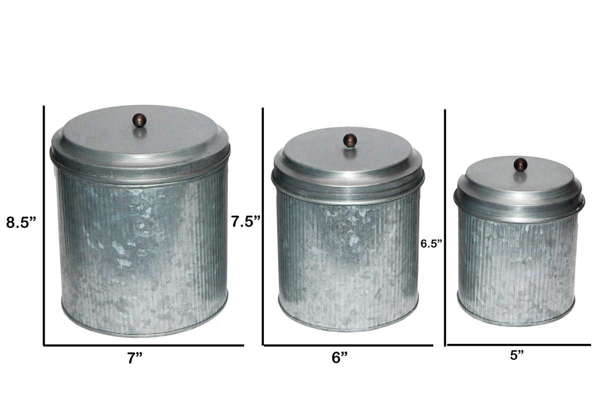 BM82052 Galvanized Metal Lidded Canister With Ribbed Pattern, Set of Three, Gray