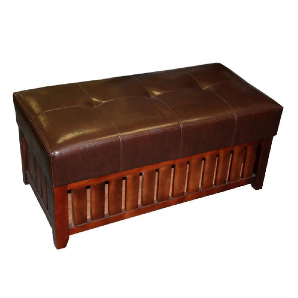 Leatherette Padded Storage Bench with Slatted Design on Frame, Brown - BM94728