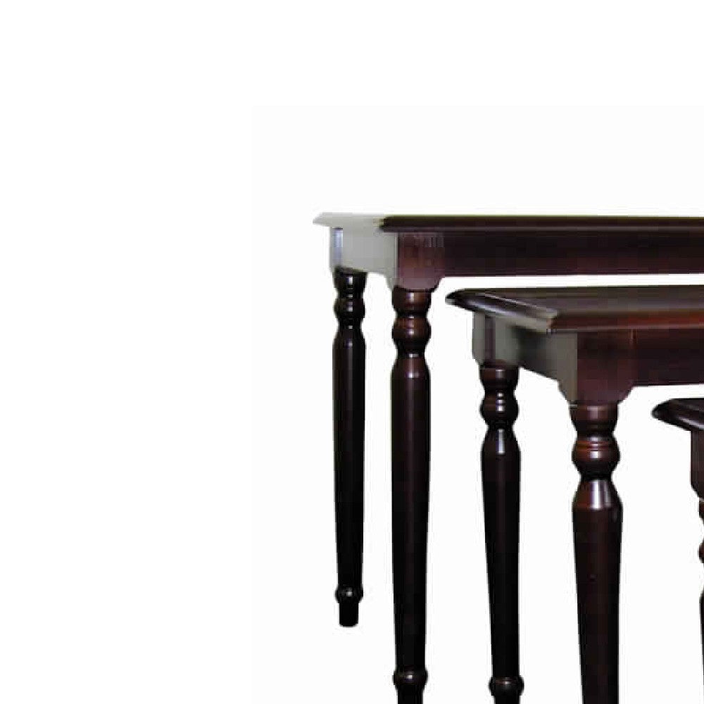 3 Piece Wooden Nesting Tables with Turned Tapered Legs, Cherry Brown - BM95312