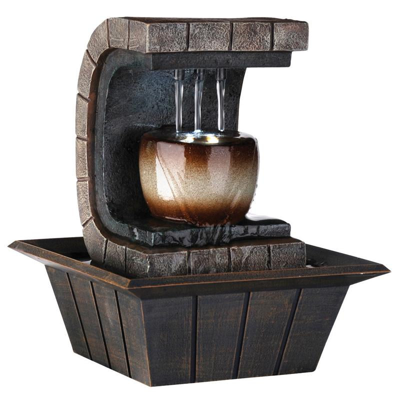 C Shaped Polyresin Frame Fountain with Tapered Base and LED Lights, Brown - BM95352