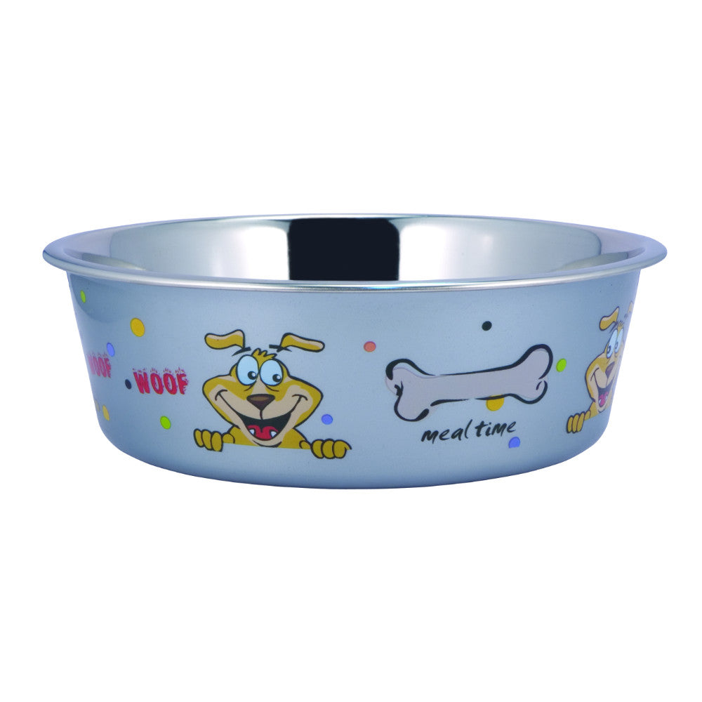 BNC-10006 Stainless Steel Pet Bowl with Sneaky Dog Design and Rubber Base, Multicolor