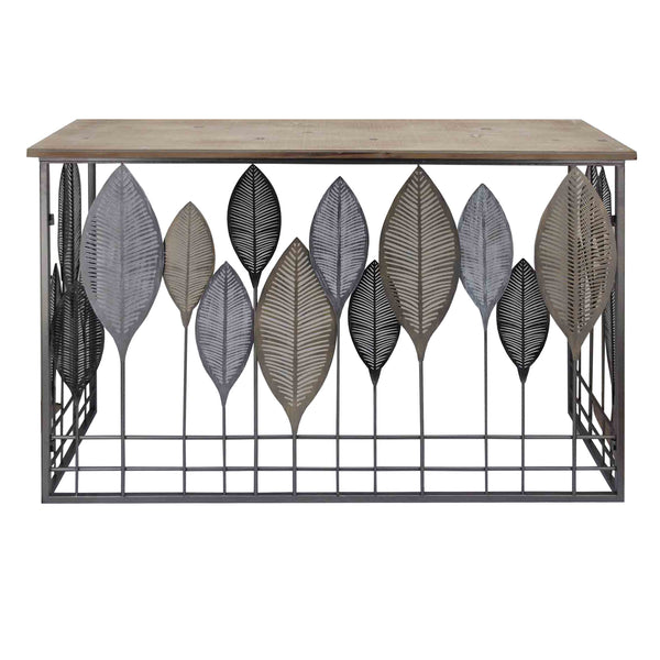Wooden Top Console Table with Metal Leaf Embellishment, Brown and Gray -C554-FHB001