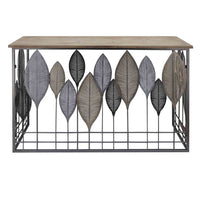 Wooden Top Console Table with Metal Leaf Embellishment, Brown and Gray -C554-FHB001
