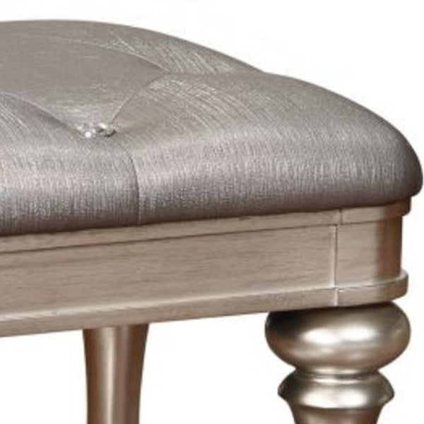 Wooden Vanity Stool with Turned Legs and Leatherette Upholstered Seat, Silver