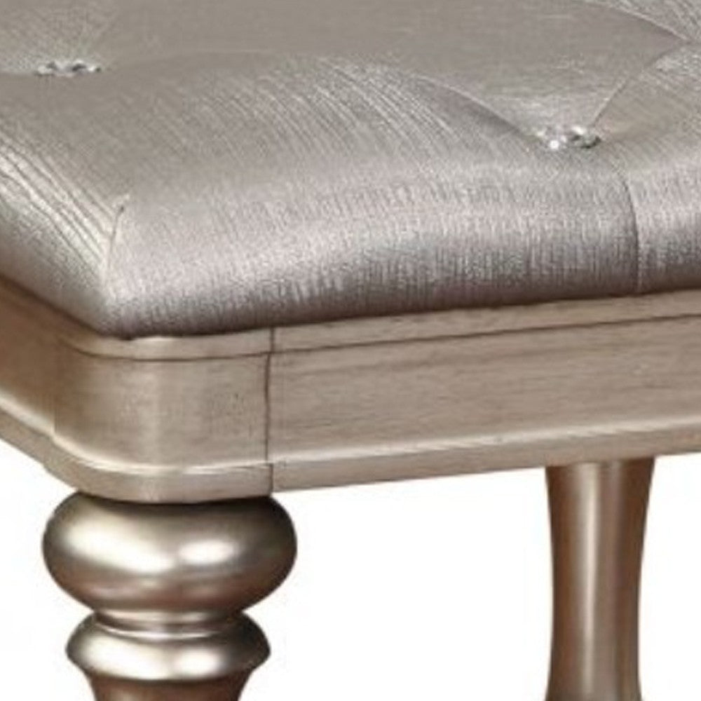 Wooden Vanity Stool with Turned Legs and Leatherette Upholstered Seat, Silver