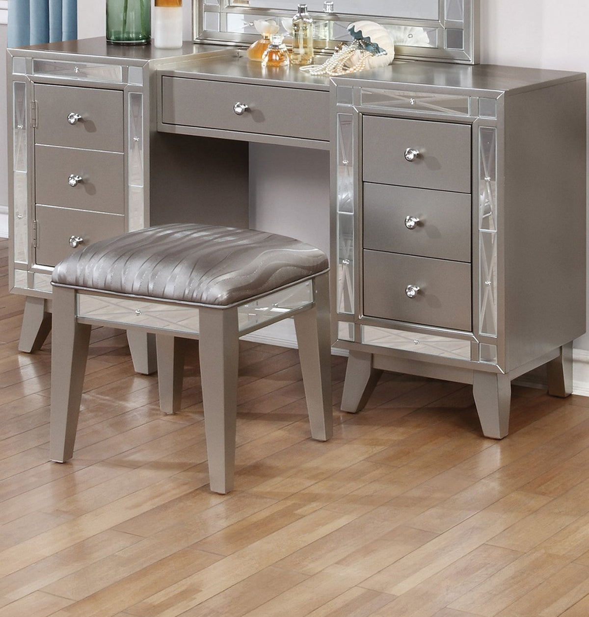 Wooden Set of Vanity and Stool with Mirrored Accents, Mercury Silver - BM182718