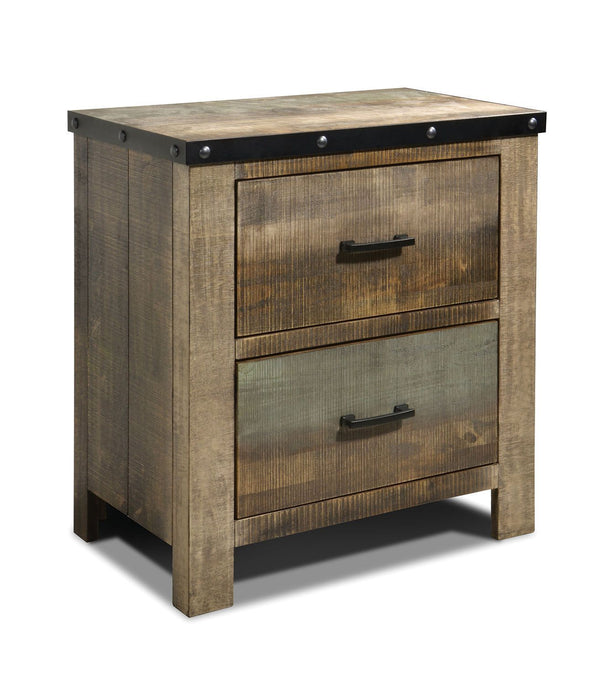 BM182728 Wooden Nightstand with Rough-Sawn Design & Rivet Banding, Brown