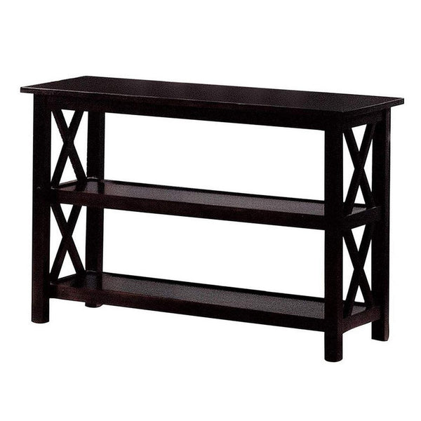 Transitional Wooden Sofa Table With "X" Side Design & Two Shelves, Dark Brown