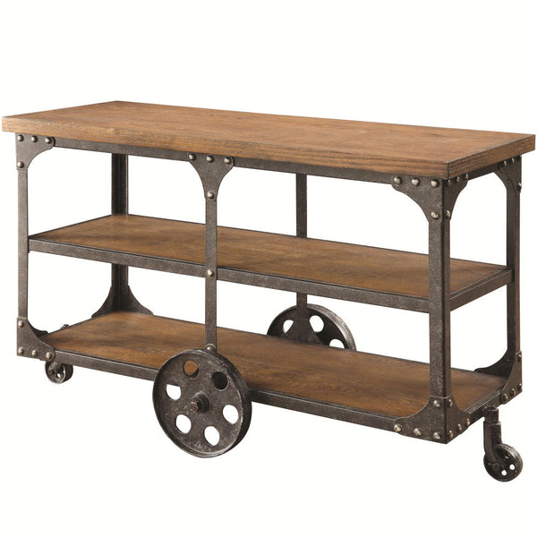 Industrial Style Solid Wooden Sofa Table With Metal Accents & Wheels, Brown - BM184888