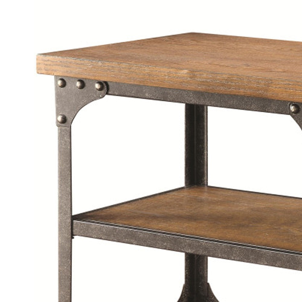 Industrial Style Solid Wooden Sofa Table With Metal Accents & Wheels, Brown - BM184888