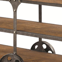 Industrial Style Solid Wooden Sofa Table With Metal Accents & Wheels, Brown - BM184888