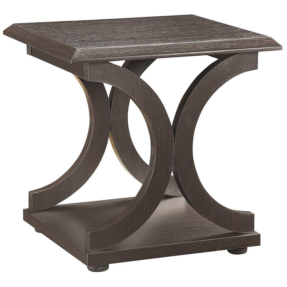 Contemporary Style C-Shaped End Table With Open Shelf & Tabletop, Espresso Brown