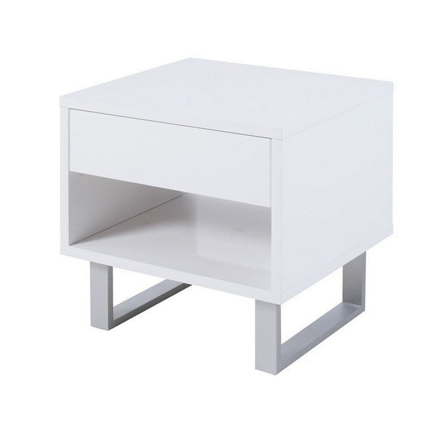 Contemporary Storage End Table With Metallic Base, Glossy White