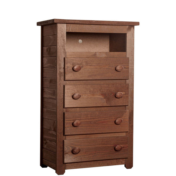 Wooden 4 Drawers Media Chest With 1 Top Shelf In Mahogany Finish, Brown