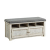 Spacious Wooden Shoe Bench with Linen Upholstered Cushioned Seat, White and Gray