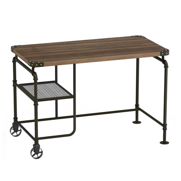 Industrial Metal Writing Desk With Wooden Top, Brown and Black - BM123648
