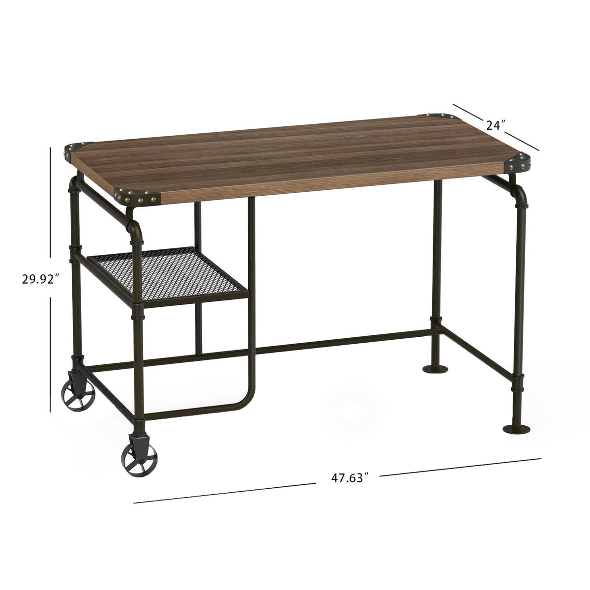 Industrial Wood and Metal Desk with 2 Shelves Brown - Benzara